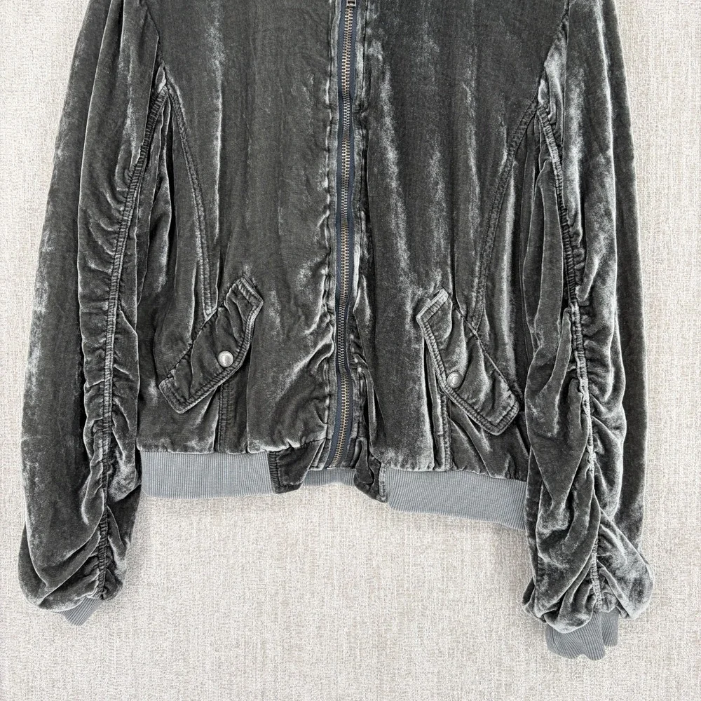 Free People Jacket Womens XS Green Ruched Velvet Bomber Full Zip Velour Varsity - Picture 6 of 13